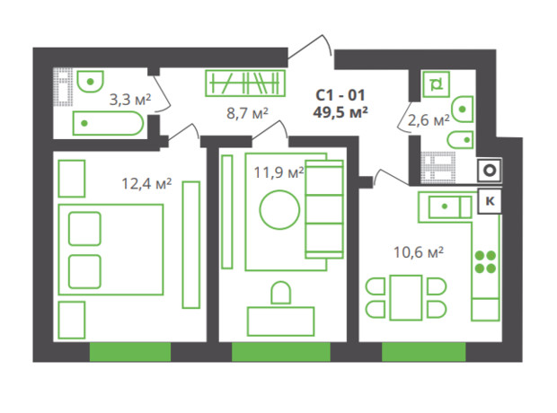 ЖК ул. Франко, 21: планировка 2-комнатной квартиры 49.5 м²
