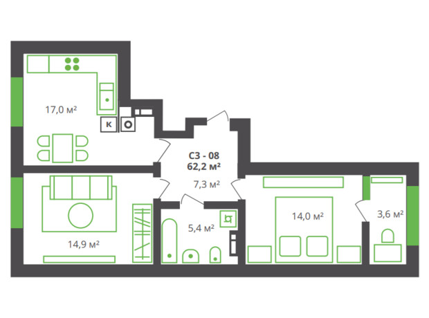 ЖК ул. Франко, 21: планировка 2-комнатной квартиры 62.2 м²