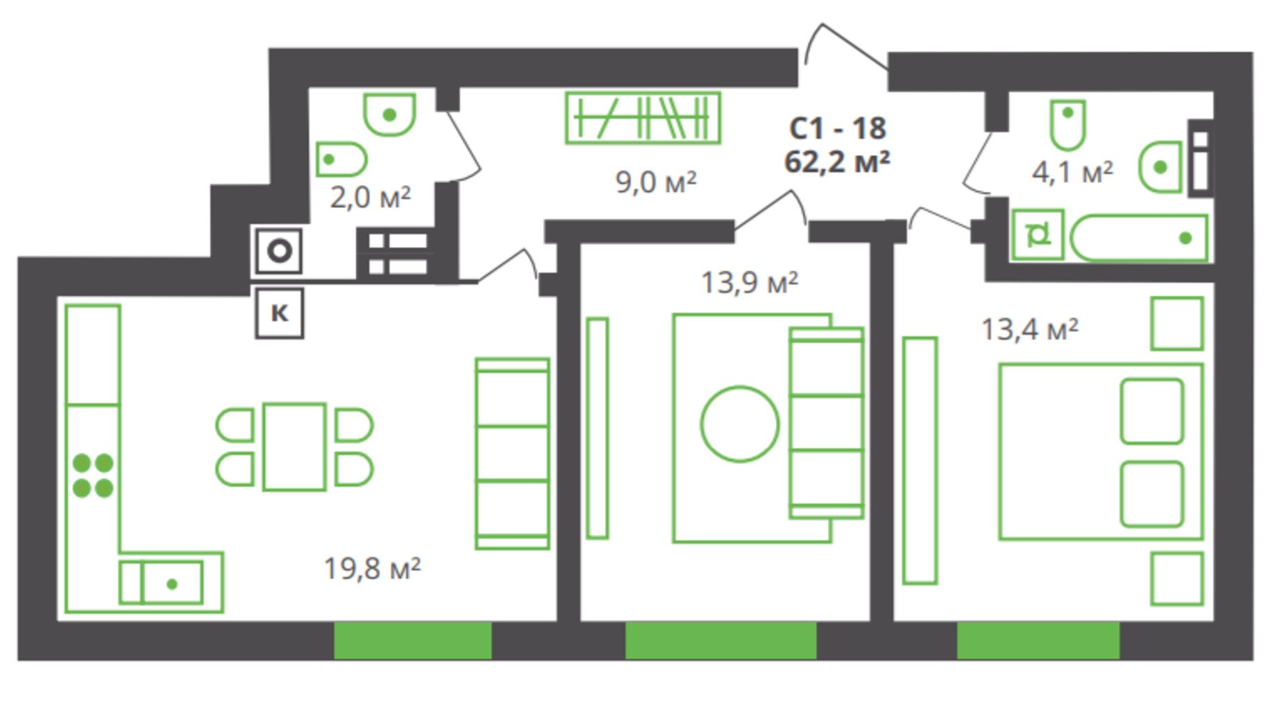 Планування 2-кімнатної квартири в ЖК вул. Франка, 21 62.2 м², фото 361263