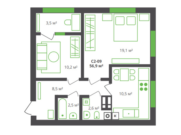 ЖК ул. Франко, 21: планировка 2-комнатной квартиры 56.9 м²