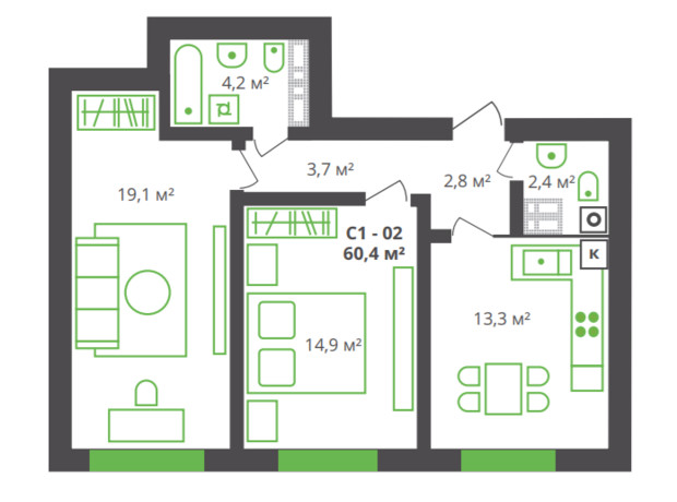 ЖК ул. Франко, 21: планировка 2-комнатной квартиры 60.4 м²
