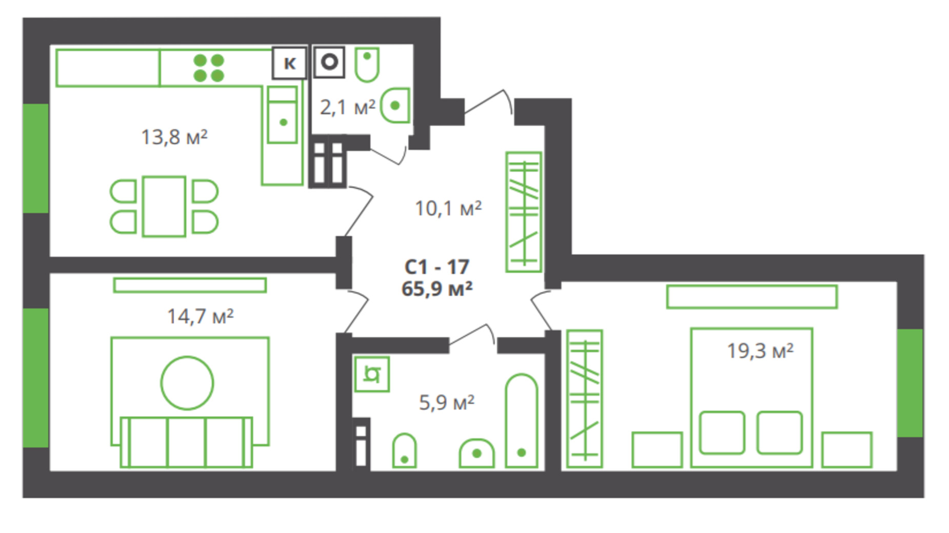 Планування 2-кімнатної квартири в ЖК вул. Франка, 21 65.9 м², фото 361266