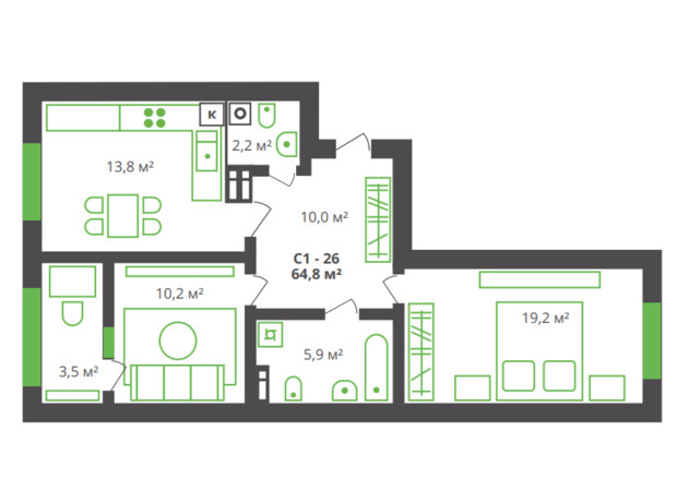 ЖК ул. Франко, 21: планировка 2-комнатной квартиры 64.8 м²