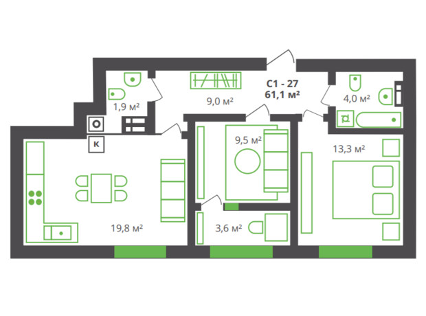 ЖК ул. Франко, 21: планировка 2-комнатной квартиры 61.1 м²