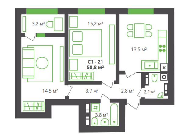 ЖК ул. Франко, 21: планировка 2-комнатной квартиры 58.8 м²