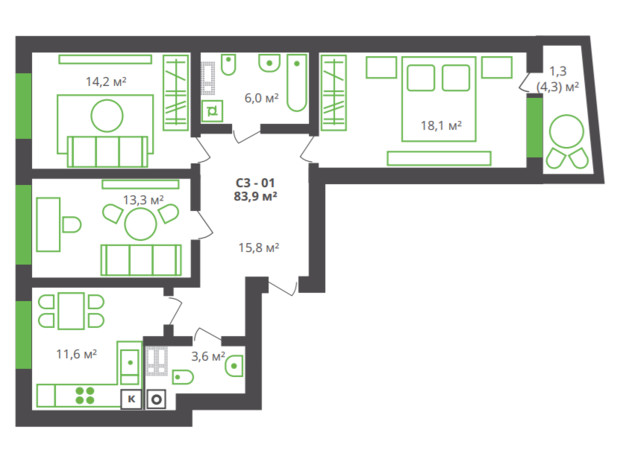 ЖК ул. Франко, 21: планировка 3-комнатной квартиры 83.9 м²