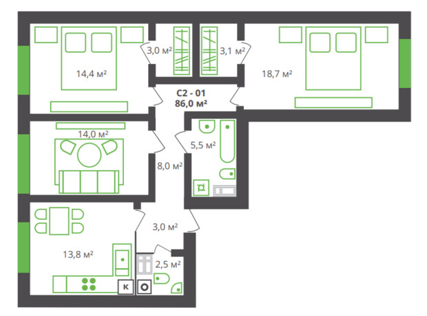 ЖК вул. Франка, 21: планування 3-кімнатної квартири 86 м²