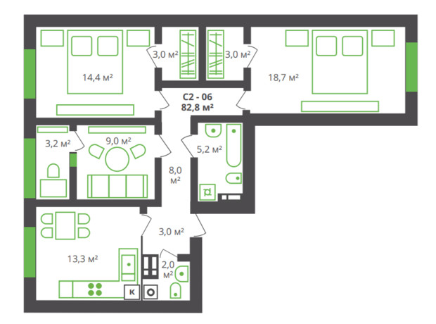 ЖК ул. Франко, 21: планировка 3-комнатной квартиры 82.8 м²