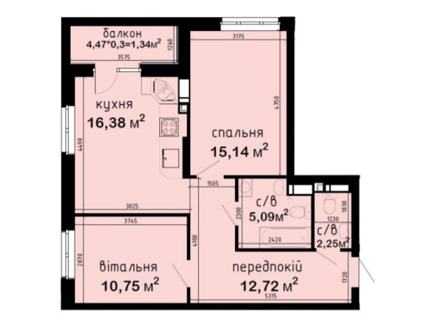 ЖК Авеню 42: планування 2-кімнатної квартири 63.67 м²