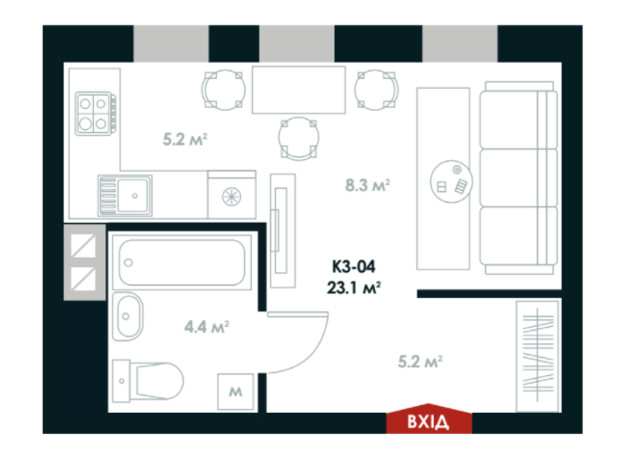 ЖК Atria City. Teremky: планування 1-кімнатної квартири 23.1 м²