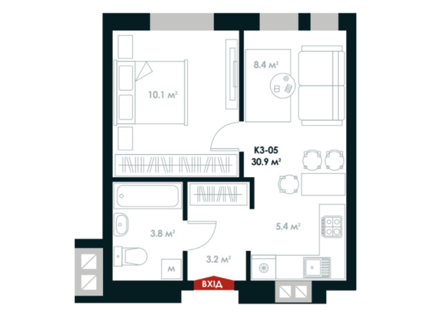 ЖК Atria City. Teremky: планування 1-кімнатної квартири 30.9 м²