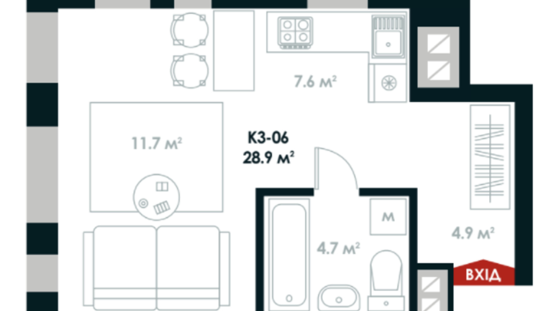 Планировка 1-комнатной квартиры в ЖК Atria City. Teremky 28.9 м², фото 361509