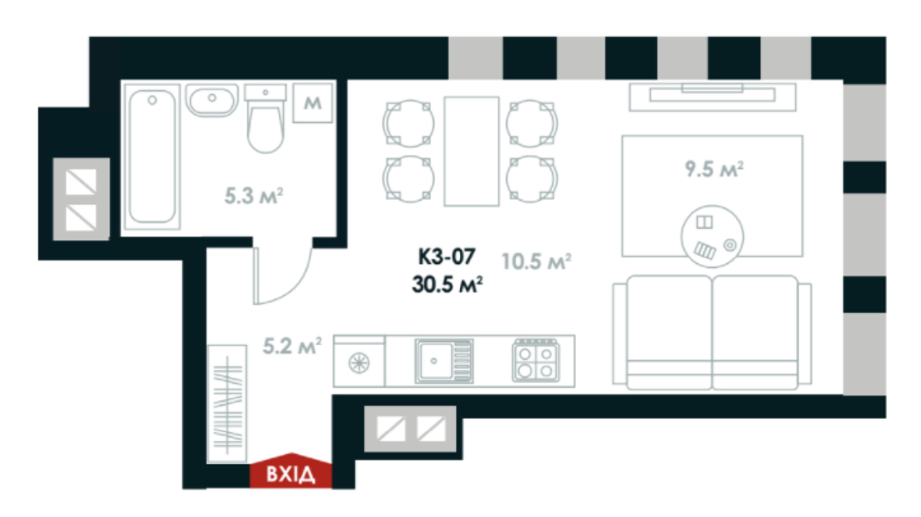 Планування 1-кімнатної квартири в ЖК Atria City. Teremky 30.5 м², фото 361510