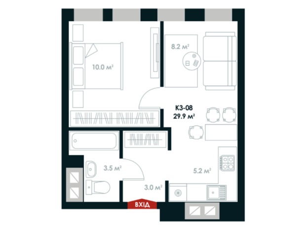 ЖК Atria City. Teremky: планування 1-кімнатної квартири 29.9 м²