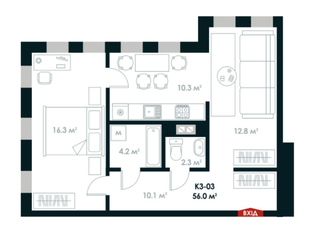 ЖК Atria City. Teremky: планировка 2-комнатной квартиры 56 м²