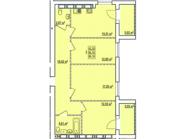 ЖК Радужный-3: планировка 3-комнатной квартиры 89.18 м²