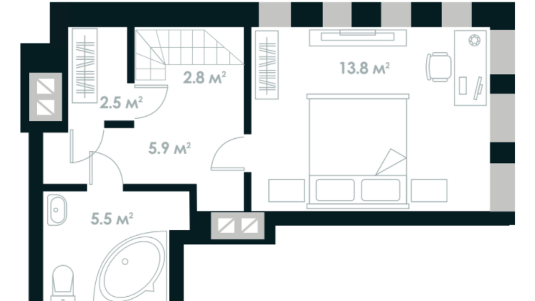 Планировка много­уровневой квартиры в ЖК Atria City. Teremky 58.1 м², фото 361535