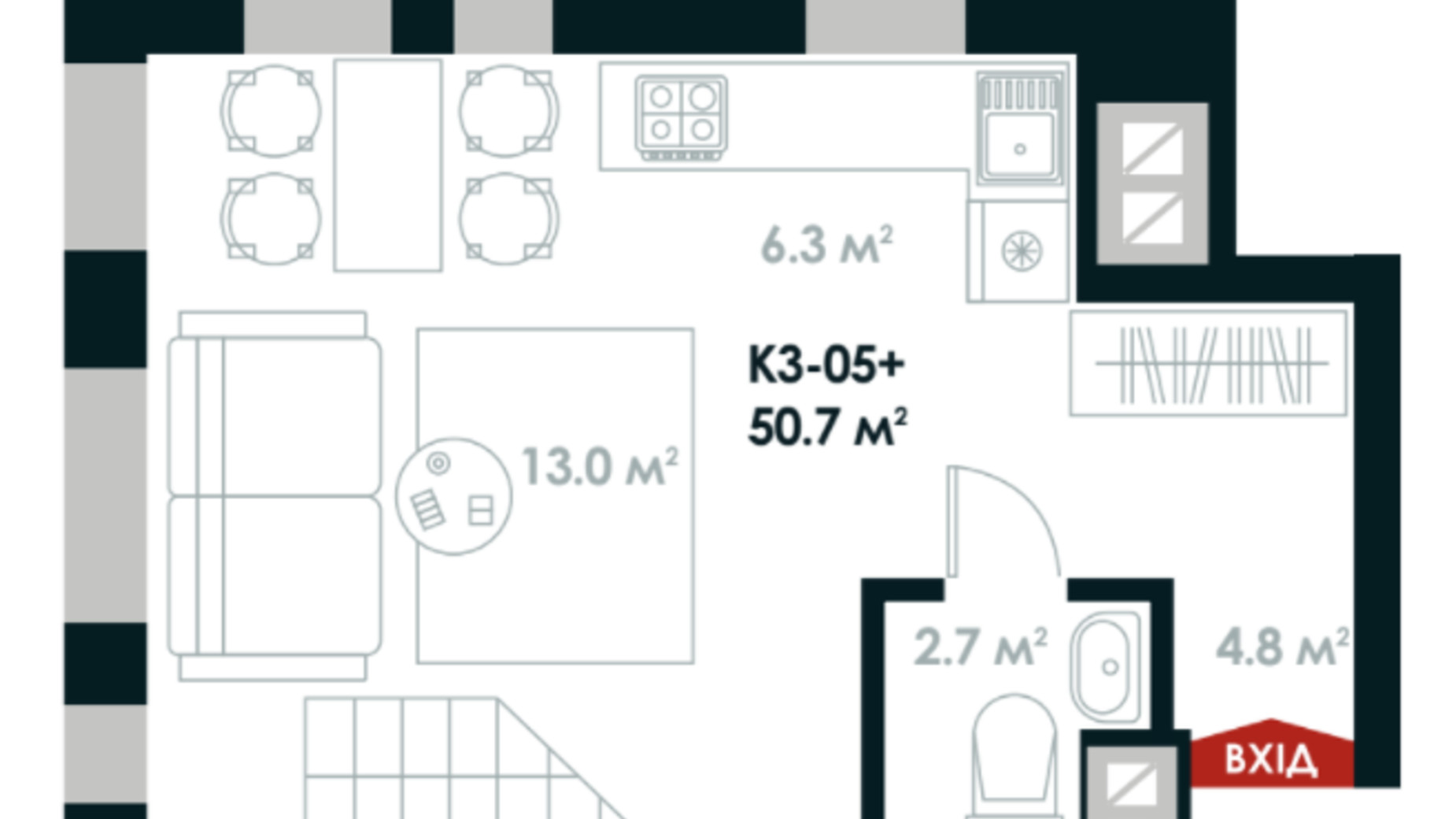 Планировка много­уровневой квартиры в ЖК Atria City. Teremky 50.7 м², фото 361538