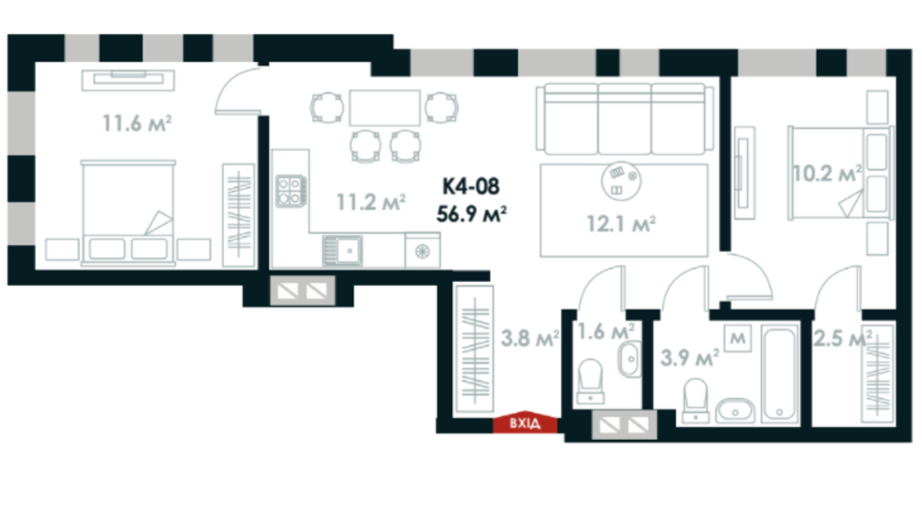 Планировка 2-комнатной квартиры в ЖК Atria City. Teremky 56.9 м², фото 361548