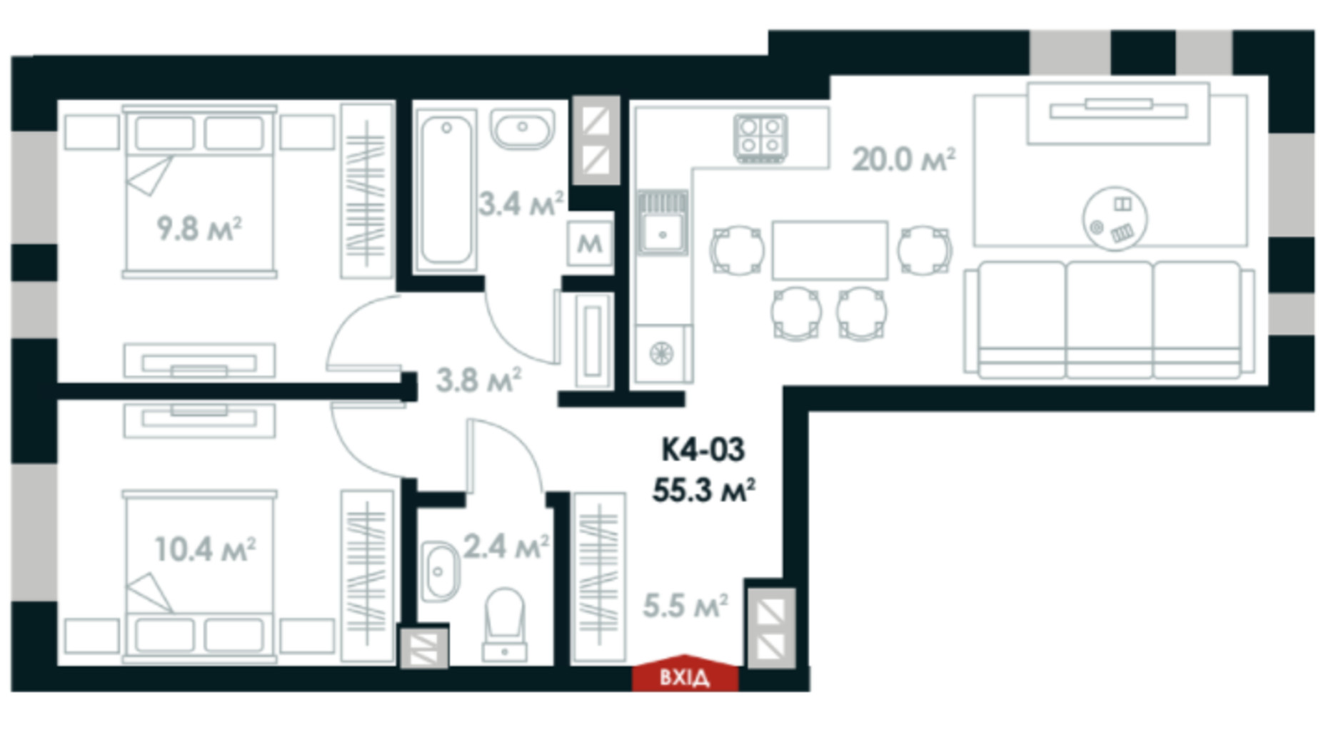 Планировка 2-комнатной квартиры в ЖК Atria City. Teremky 55.3 м², фото 361549