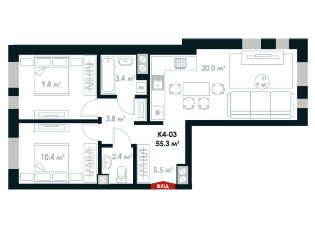 ЖК Atria City. Teremky: планировка 2-комнатной квартиры 55.3 м²