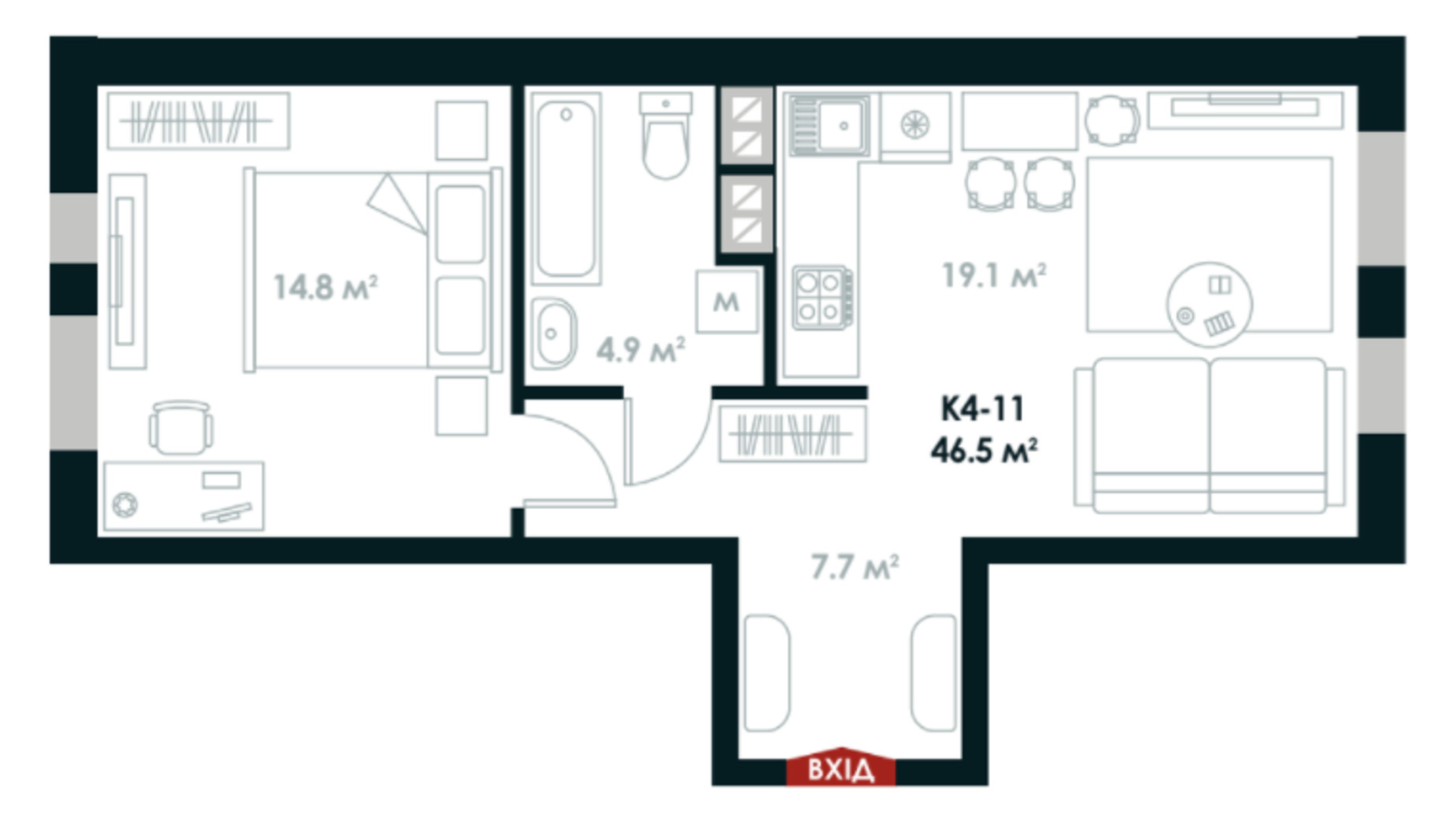 Планировка 1-комнатной квартиры в ЖК Atria City. Teremky 46.5 м², фото 361550