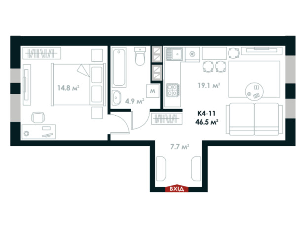 ЖК Atria City. Teremky: планування 1-кімнатної квартири 46.5 м²