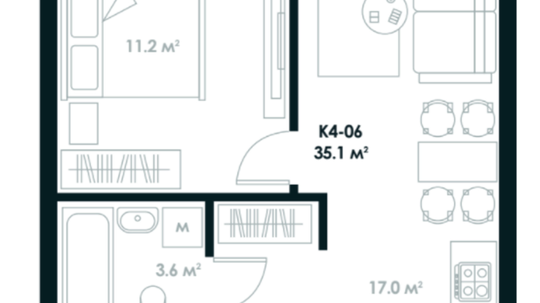 Планування 1-кімнатної квартири в ЖК Atria City. Teremky 35.1 м², фото 361554