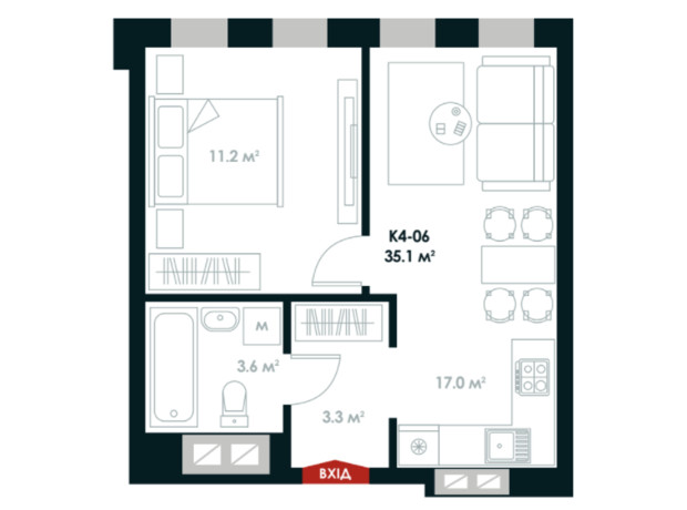 ЖК Atria City. Teremky: планування 1-кімнатної квартири 35.1 м²