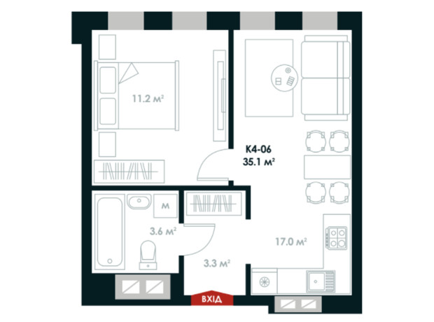 ЖК Atria City. Teremky: планировка 1-комнатной квартиры 35.1 м²