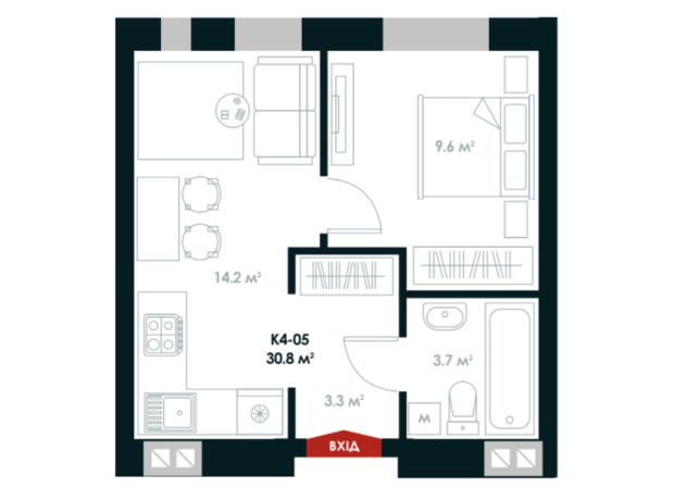 ЖК Atria City. Teremky: планування 1-кімнатної квартири 30.8 м²