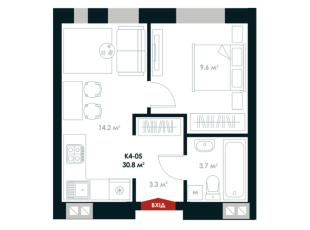 ЖК Atria City. Teremky: планировка 1-комнатной квартиры 30.8 м²