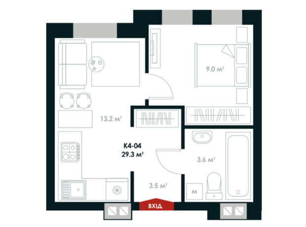 ЖК Atria City. Teremky: планування 1-кімнатної квартири 29.3 м²