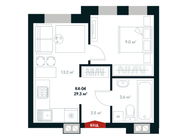 ЖК Atria City. Teremky: планировка 1-комнатной квартиры 29.3 м²