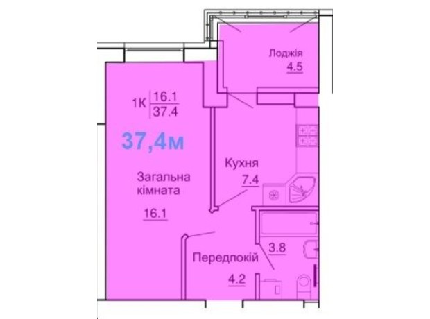 ЖК Happy Дом: планировка 1-комнатной квартиры 37.4 м²