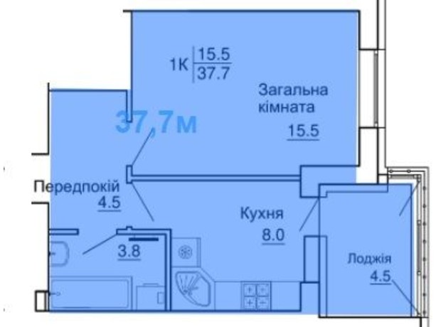 ЖК Happy Дом: планировка 1-комнатной квартиры 37.7 м²