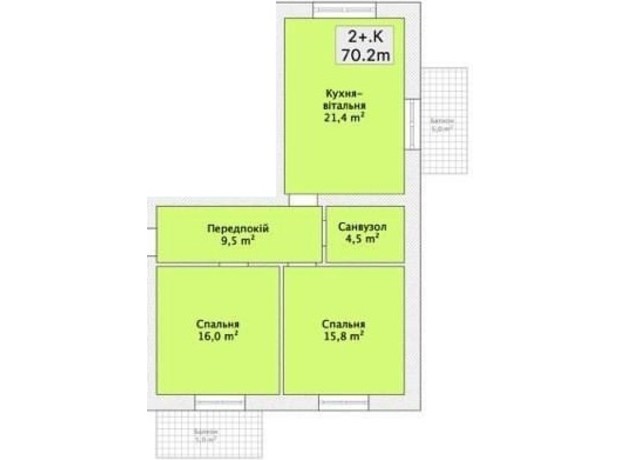 ЖК ул. Малиновского, 20: планировка 2-комнатной квартиры 70.2 м²