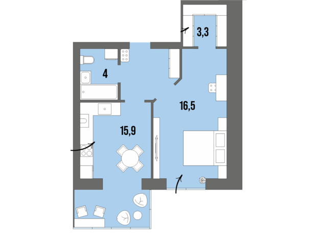 ЖК Dream Town: планування 1-кімнатної квартири 45.1 м²