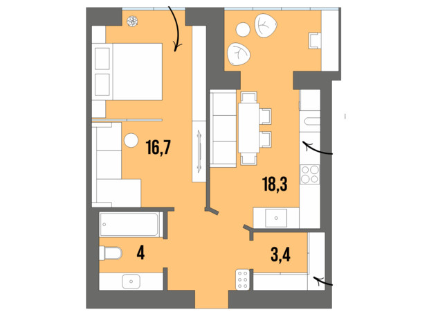 ЖК Dream Town: планировка 1-комнатной квартиры 45.7 м²