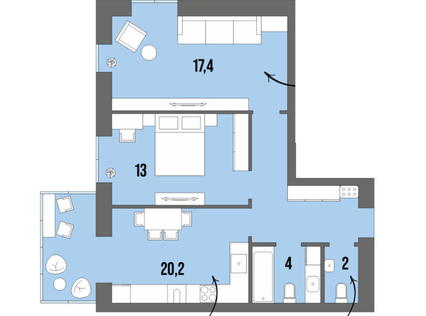 ЖК Dream Town: планировка 2-комнатной квартиры 65.6 м²