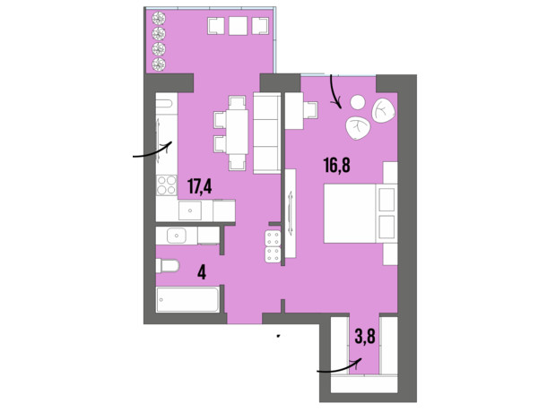 ЖК Dream Town: планировка 1-комнатной квартиры 43.9 м²