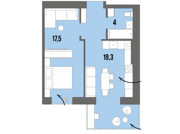 ЖК Dream Town: планування 1-кімнатної квартири 44.1 м²