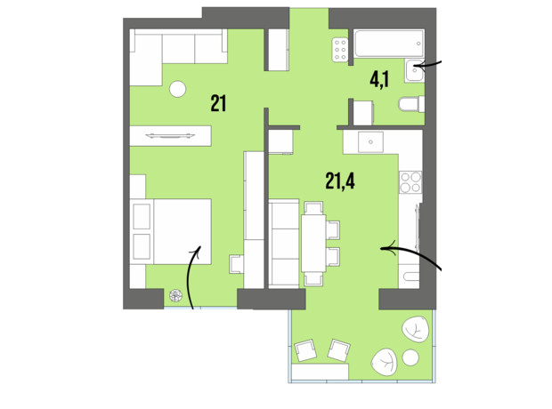 ЖК Dream Town: планування 1-кімнатної квартири 48.9 м²