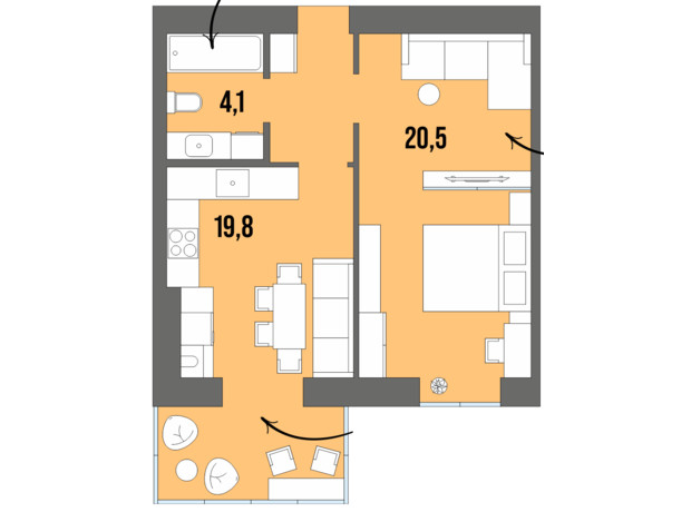 ЖК Dream Town: планировка 1-комнатной квартиры 46.4 м²