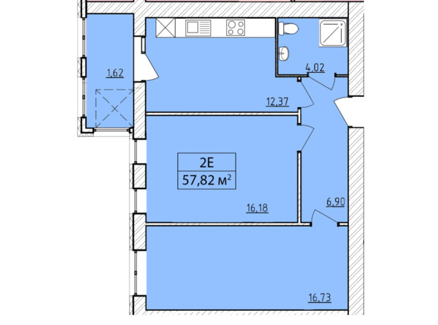 ЖК K-8: планування 2-кімнатної квартири 57.82 м²