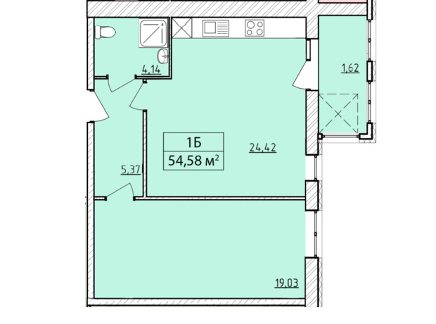 ЖК K-8: планування 1-кімнатної квартири 54.58 м²