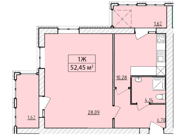 ЖК K-8: планування 1-кімнатної квартири 52.45 м²