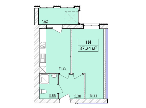 ЖК K-8: планування 1-кімнатної квартири 37.24 м²