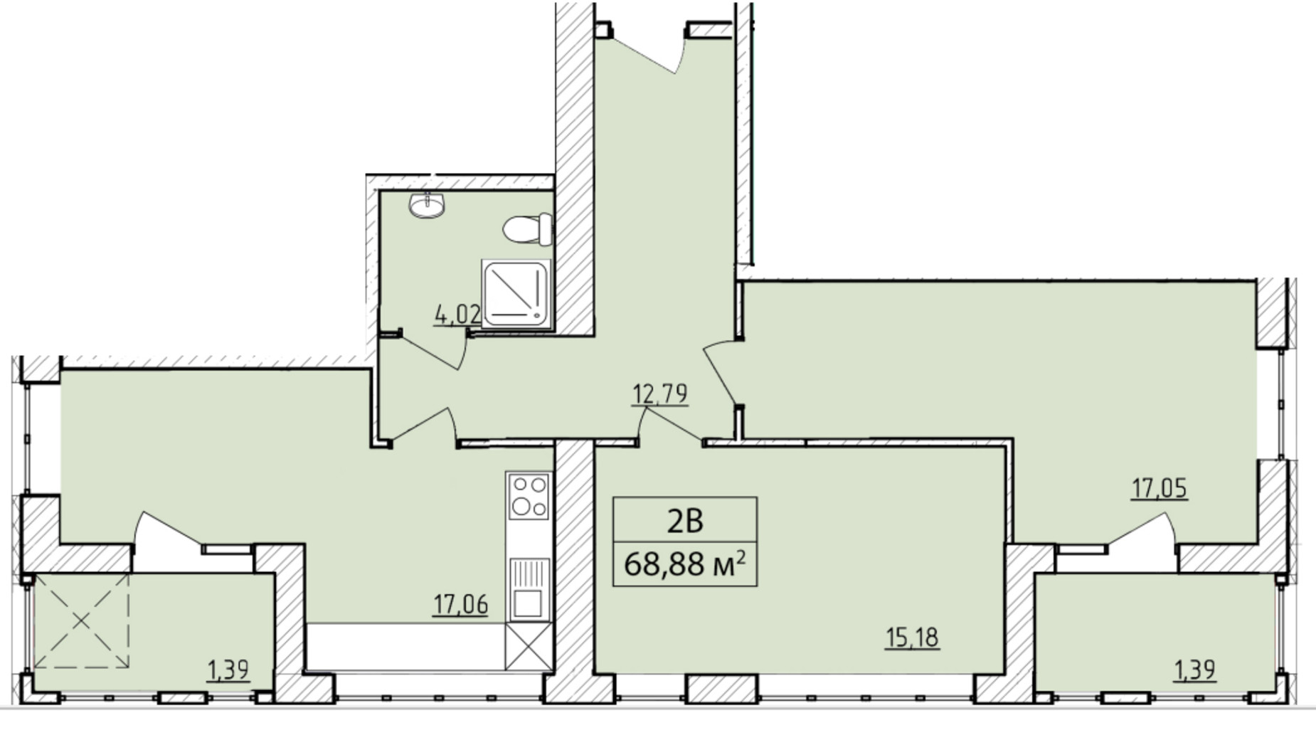 Планування 2-кімнатної квартири в ЖК K-8 68.88 м², фото 362069