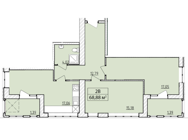 ЖК K-8: планировка 2-комнатной квартиры 68.88 м²